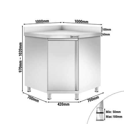 GGM Gastro Stainless Steel Corner Floor Cupboard PREMIUM - 1000x1000mm - with Hinged Doors & Upstand