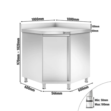 GGM Gastro Stainless Steel Corner Floor Cupboard PREMIUM - 1000x1000mm - with Hinged Doors & Upstand