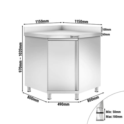 GGM Gastro Stainless Steel Corner Floor Cupboard PREMIUM - 1150x1150mm - with Hinged Doors & Upstand