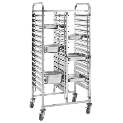 GGM Gastro Stainless Steel Double Gastronorm Racking Trolley - 16-Level - for 16 x GN 1/1 Trays - with low-noise braked castors