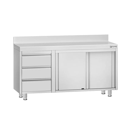 GGM Gastro Stainless Steel Floor Cupboard ECO - 1400x600mm - with Sliding Doors | with 3 Drawers left & Upstand