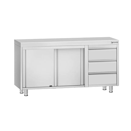GGM Gastro Stainless Steel Floor Cupboard ECO - 1400x700mm - with Sliding Doors with 3 Drawers right