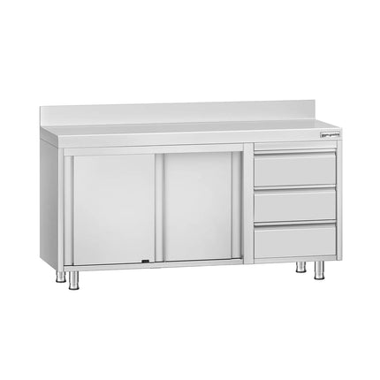 GGM Gastro Stainless Steel Floor Cupboard ECO - 1400x700mm - with Sliding Doors, 3 Drawers right & Upstand
