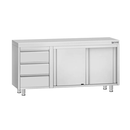 GGM Gastro Stainless Steel Floor Cupboard ECO - 1600x700mm - with Sliding Doors & 3 Drawers left