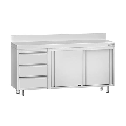 GGM Gastro Stainless Steel Floor Cupboard ECO - 1600x700mm - with Sliding Doors, with 3 Drawers left & Upstand