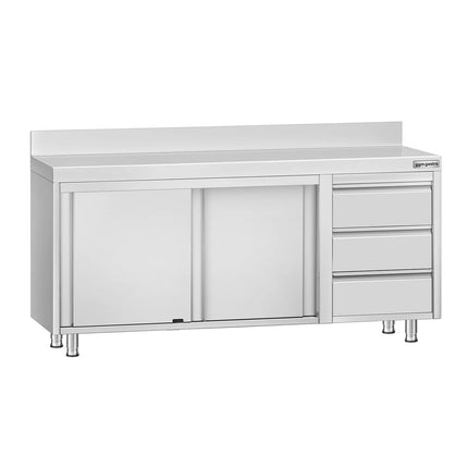 GGM Gastro Stainless Steel Floor Cupboard ECO - 1800x600mm - with Sliding Doors with 3 Drawers right & Upstand