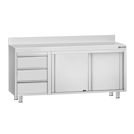 GGM Gastro Stainless Steel Floor Cupboard ECO - 1800x700mm - with 3 Drawers left & Upstand - with Sliding Doors