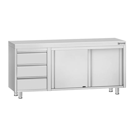 GGM Gastro Stainless Steel Floor Cupboard ECO - 1800x700mm - with Sliding Doors - with 3 Drawers left