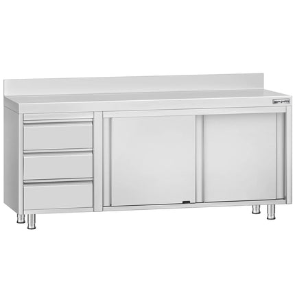 GGM Gastro Stainless Steel Floor Cupboard ECO - 2000x700mm - with Sliding Doors - with 3 Drawers left & Upstand