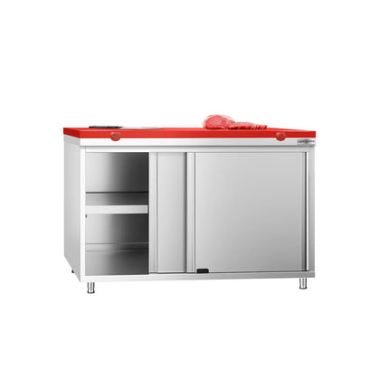 GGM Gastro Stainless Steel Floor Cupboard PREMIUM - 1200x700mm - with Sliding Doors - incl. Chopping Board Red
