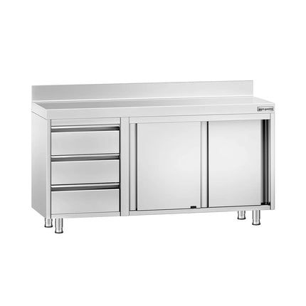 GGM Gastro Stainless Steel Floor Cupboard PREMIUM - 1400x600mm - with Sliding Doors | 3 Drawers left & Upstand