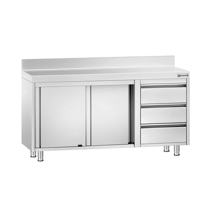 GGM Gastro Stainless Steel Floor Cupboard PREMIUM - 1400x600mm - with Sliding Doors, 3 Drawers right & Upstand