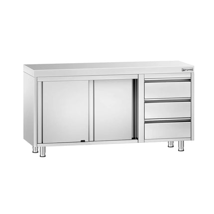 GGM Gastro Stainless Steel Floor Cupboard PREMIUM - 1400x700mm - with Sliding Doors - with 3 Drawers right