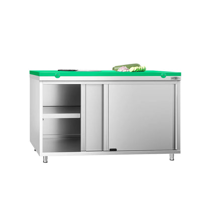 GGM Gastro Stainless Steel Floor Cupboard PREMIUM - 1400x700mm - with Sliding Doors - incl. Chopping Board Green
