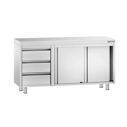 GGM Gastro Stainless Steel Floor Cupboard PREMIUM - 1400x700mm - with Sliding Doors - with 3 Drawers right