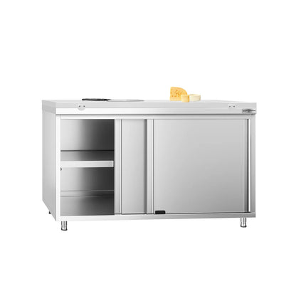 GGM Gastro Stainless Steel Floor Cupboard PREMIUM - 1400x700mm - with Sliding Doors - incl. Chopping Board White