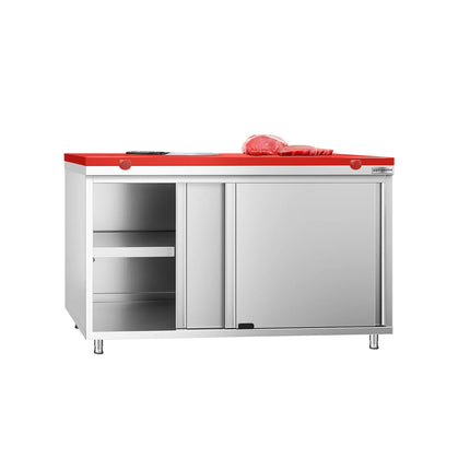 GGM Gastro Stainless Steel Floor Cupboard PREMIUM - 1400x700mm - with Sliding Doors - incl. Chopping Board Red