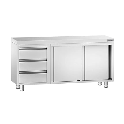 GGM Gastro Stainless Steel Floor Cupboard PREMIUM - 1600x600mm - with Sliding Doors - with 3 Drawers left