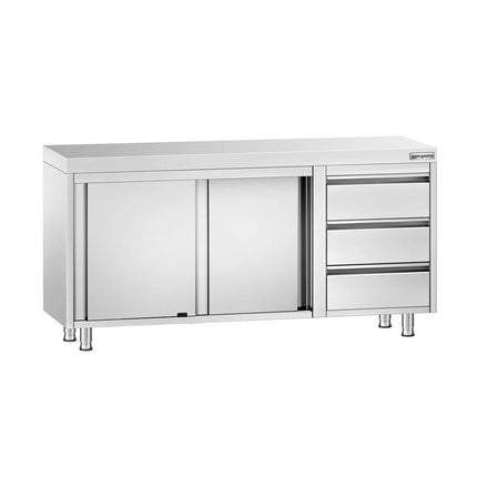 GGM Gastro Stainless Steel Floor Cupboard PREMIUM - 1600x600mm - with Sliding Doors - with 3 Drawers right