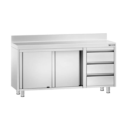 GGM Gastro Stainless Steel Floor Cupboard PREMIUM - 1600x600mm - with Sliding Doors with 3 Drawers right & Upstand