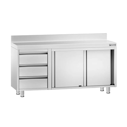 GGM Gastro Stainless Steel Floor Cupboard PREMIUM - 1600x600mm - with Sliding Doors - with 3 Drawers left & Upstand