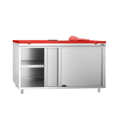 GGM Gastro Stainless Steel Floor Cupboard PREMIUM - 1600x700mm - with Sliding Doors - incl. Chopping Board Red