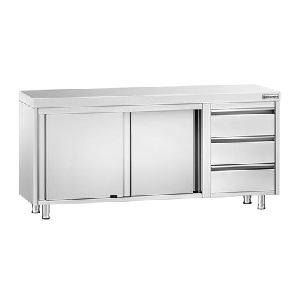 GGM Gastro Stainless Steel Floor Cupboard PREMIUM - 1800x600mm - with Sliding Doors with 3 Drawers right