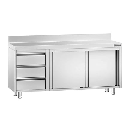 GGM Gastro Stainless Steel Floor Cupboard PREMIUM - 1800x600mm - with Sliding Doors - with 3 Drawers left & Upstand