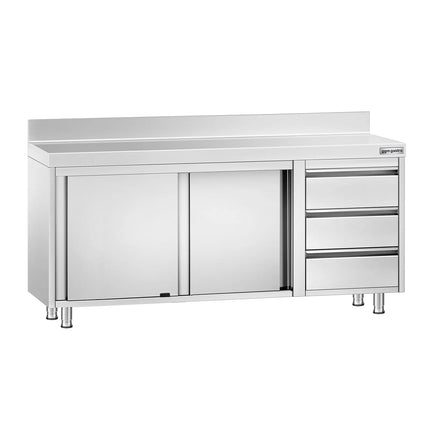 GGM Gastro Stainless Steel Floor Cupboard PREMIUM - 1800x700mm - with 3 Drawers right & Upstand - with Sliding Doors