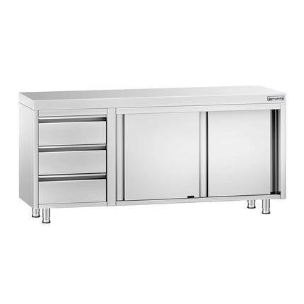 GGM Gastro Stainless Steel Floor Cupboard PREMIUM - 1800x700mm - with Sliding Doors - with 3 Drawers left