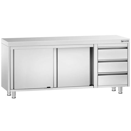 GGM Gastro Stainless Steel Floor Cupboard PREMIUM - 2000x600mm - with Sliding Doors with 3 Drawers right