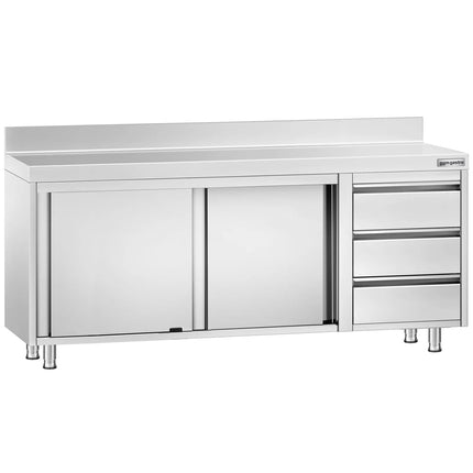 GGM Gastro Stainless Steel Floor Cupboard PREMIUM - 2000x600mm - with Sliding Doors - with 3 Drawers right & Upstand
