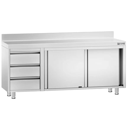 GGM Gastro Stainless Steel Floor Cupboard PREMIUM - 2000x700mm - with Sliding Doors - with 3 Drawers left & Upstand