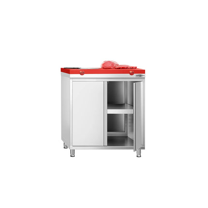 GGM Gastro Stainless Steel Floor Cupboard PREMIUM - for raw meat - 800x600mm - with Hinged Doors - incl. Chopping Board Red