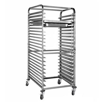 GGM Gastro Stainless Steel Gastronorm Racking Trolley - 18-Level - for 18 x GN 1/1 & 600x400mm Trays - with low-noise braked castors