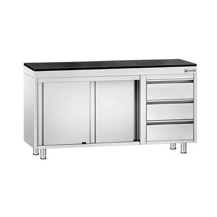 GGM Gastro Stainless Steel Work Cabinet PREMIUM - 1400x600mm - with 3 drawers on the right - incl. granite worktop