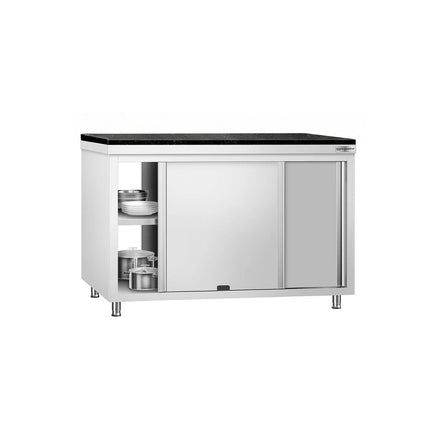 GGM Gastro Stainless Steel Work Cabinet PREMIUM - 1400x700mm - mit Durchreiche - incl. granite worktop