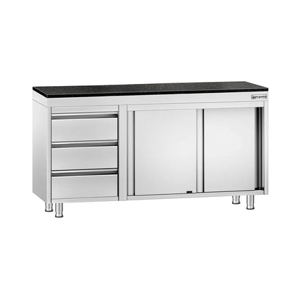 GGM Gastro Stainless Steel Work Cabinet PREMIUM - 1400x700mm - with 3 drawers on the left - incl. granite worktop