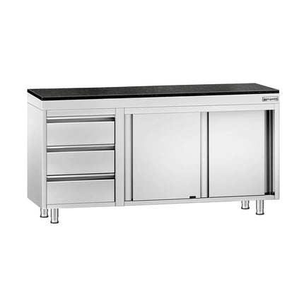 GGM Gastro Stainless Steel Work Cabinet PREMIUM - 1600x600mm - with 3 drawers on the left - incl. granite worktop