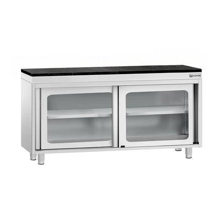GGM Gastro Stainless Steel Work Cabinet PREMIUM - 1600x700mm - with glass sliding door - incl. granite worktop