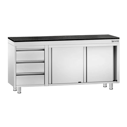 GGM Gastro Stainless Steel Work Cabinet PREMIUM - 1800x600mm - with 3 drawers on the left - incl. granite worktop