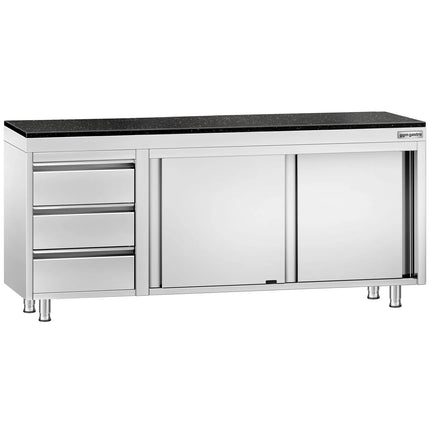 GGM Gastro Stainless Steel Work Cabinet PREMIUM - 2000x700mm - with 3 drawers on the left - incl. granite worktop
