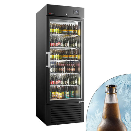 GGM Gastro SUPERCOOLER | Commercial Beverage Display Fridge - 687mm - 500 Litres - stainless steel interior - with 1 hinged glass door - LED lighting - digital controller with temperature display - Temperature range -8 to 0 °C - Black