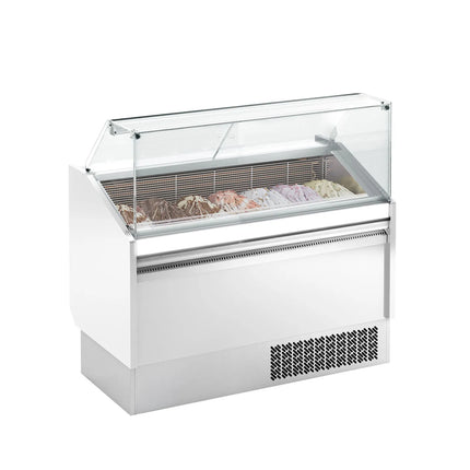 GGM Gastro Tủ Trưng Bày Kem LEVI - 1310mm - Làm Lạnh Tĩnh - Đèn LED - Cho 7 Khay Napoli 5L - Trắng