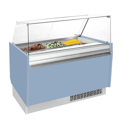 GGM Gastro Tủ Trưng Bày Kem LIAM - 1310mm - Đèn LED - Cho 10+10 Khay Napoli 5L - Xanh Dương Nhạt - Làm Lạnh Tĩnh