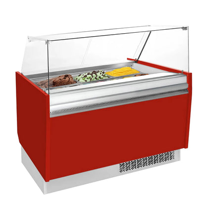 GGM Gastro Tủ Trưng Bày Kem LIAM - 1310mm - Làm Lạnh Tĩnh - Đèn LED - Cho 10 Khay Napoli 5L - Đỏ - Kính Cong