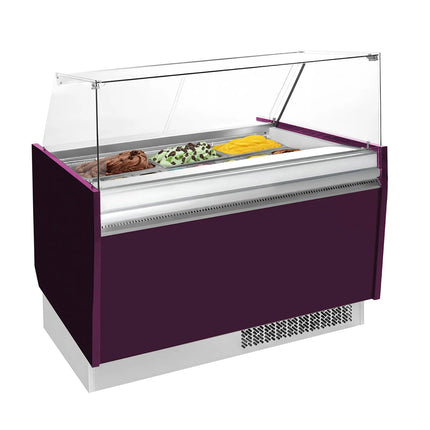 GGM Gastro Tủ Trưng Bày Kem LIAM - 1310mm - Làm Lạnh Tĩnh - Đèn LED - Cho 10 Khay Napoli 5L - Tím - Nắp Kính Bản Lề