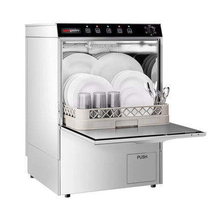 GGM Gastro Undercounter Commercial Dishwasher - 500mm Basket - Manual Controls - 3.55kW - with Drain, Rinse Aid & Detergent Pumps