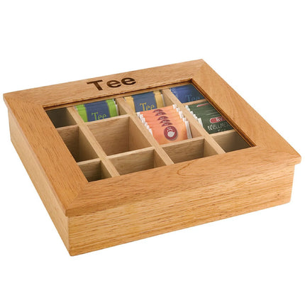 GGM Gastro Wooden Tea Box - 12 Compartments - with Viewing Window (Acrylic Lid) & Engraving - Brown