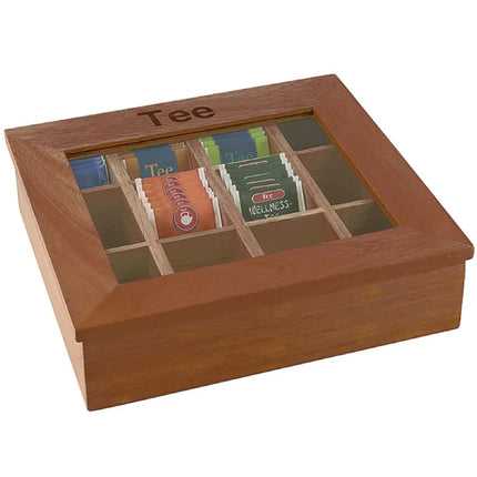 GGM Gastro Wooden Tea Box - 12 Compartments - with Viewing Window (Acrylic Lid) & Engraving - Dark Wood